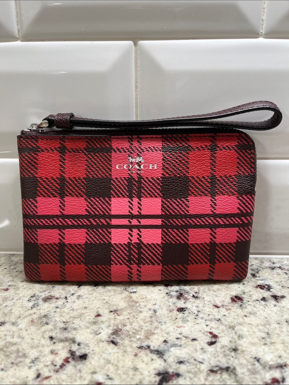 Coach Corner Zip Pink Red Plaid Wristlet NWT